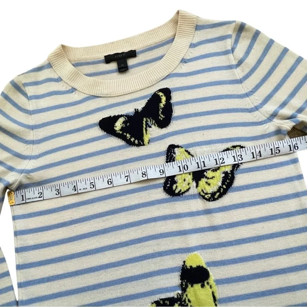 J.Crew Merino “Tippi” Wool Ivory Blue Crew Neck Striped Butterflies Sweater • XS